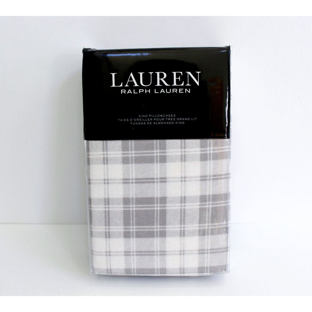 Lauren Ralph Lauren Ulster Plaid 2-Pack Flannel King Pillowcases White/Gray NEW